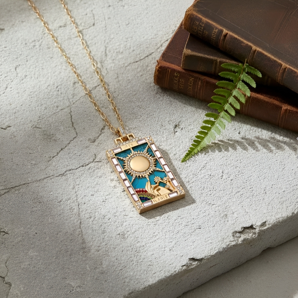 Unique 'Sun of Destiny' tarot pendant necklace, Gold plated, 24"